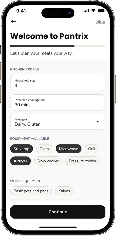 Pantrix app welcome screen setting household size, cooking time and equipment