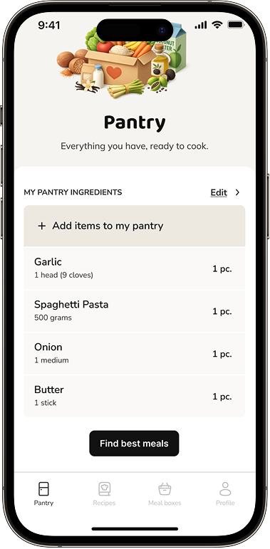 Pantrix app screen: Ingredients you have