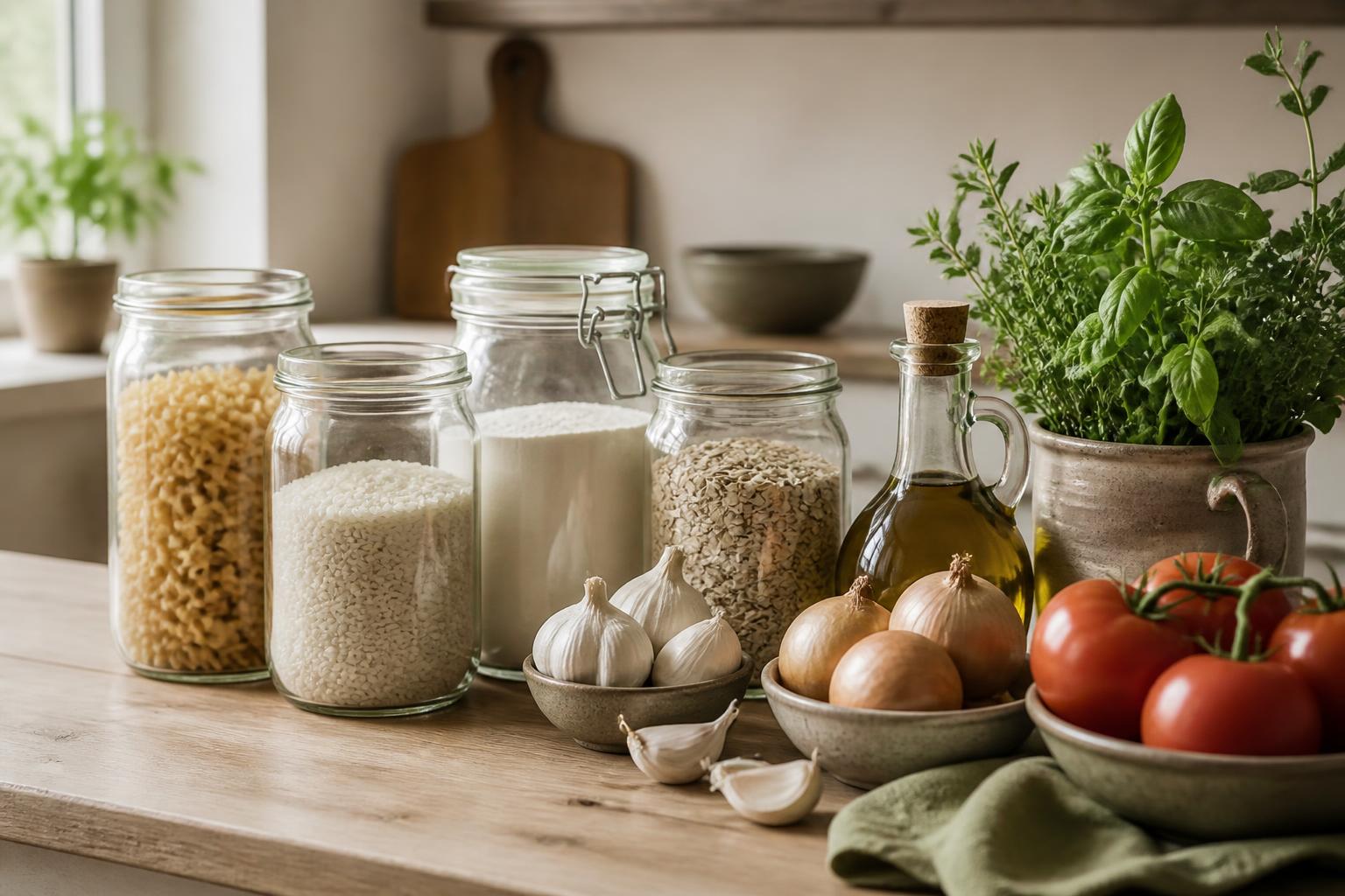 Kitchen bench with everyday pantry ingredients
