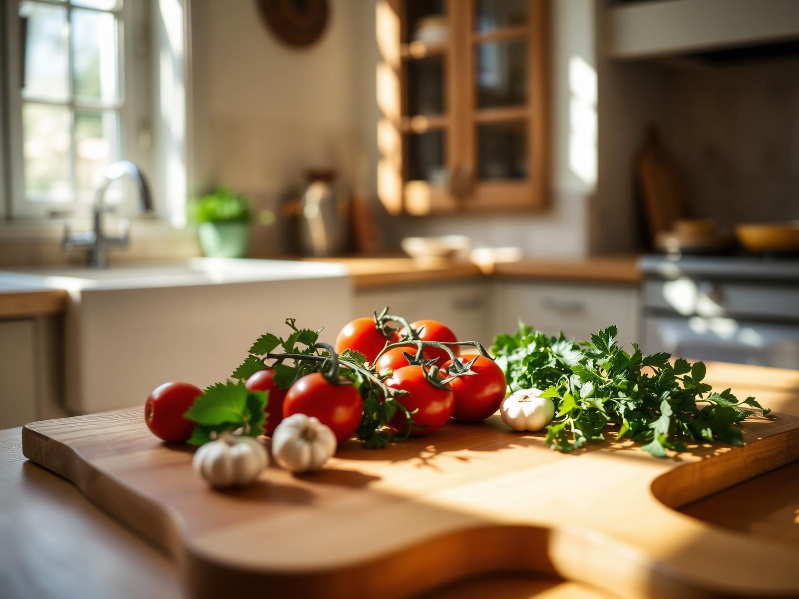 Kitchen bench with fresh vegetables and ingredients